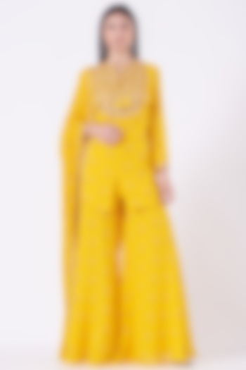 Dandelion Yellow Georgette Lily Printed Gharara Set by Sana Barreja at Pernia's Pop Up Shop