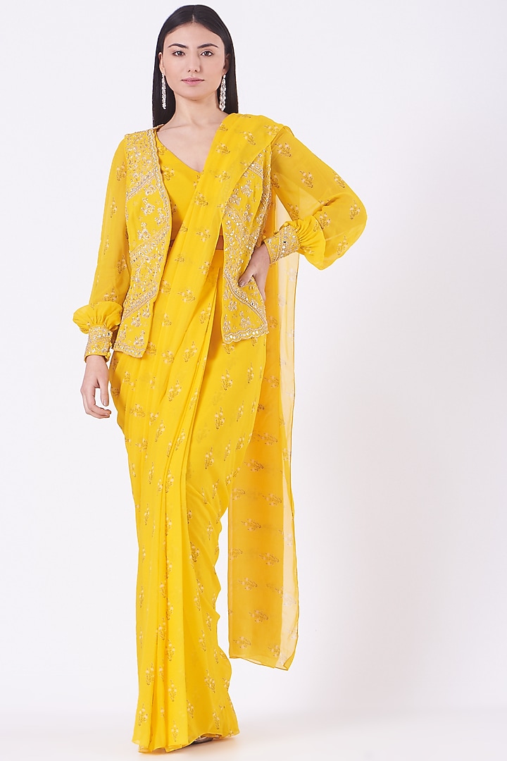 Dandelion Yellow Georgette Lily Printed Jacket Wedding Saree Set by Sana Barreja at Pernia's Pop Up Shop