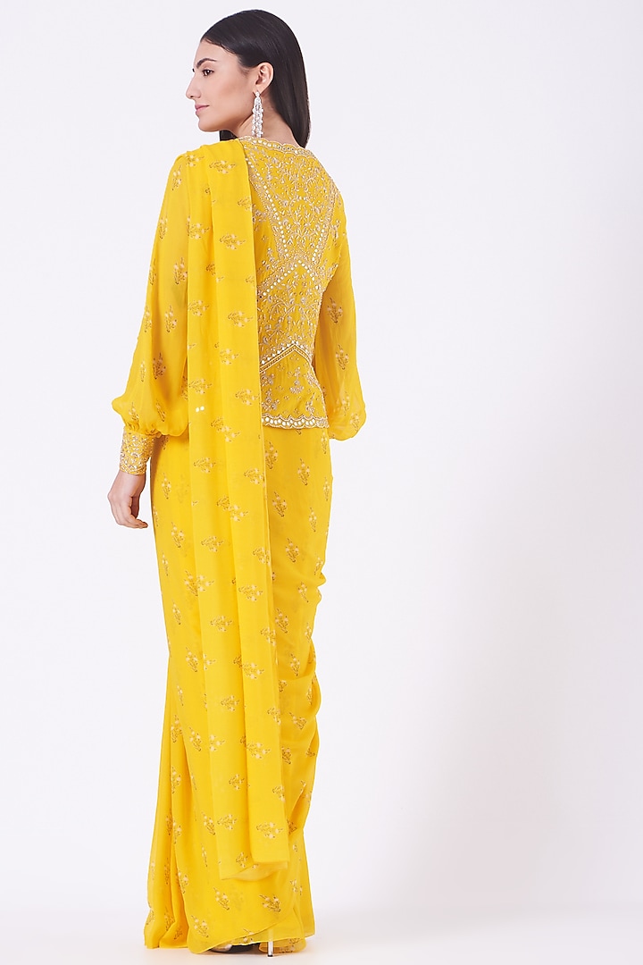 Dandelion Yellow Georgette Lily Printed Jacket Wedding Saree Set by Sana Barreja at Pernia's Pop Up Shop