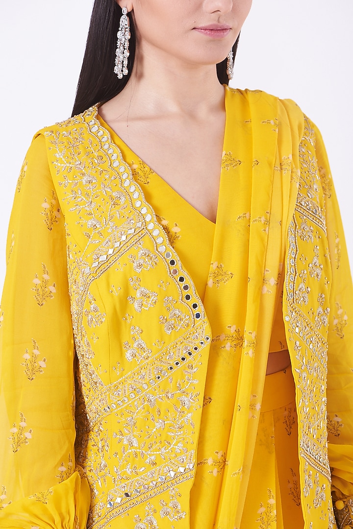 Dandelion Yellow Georgette Lily Printed Jacket Wedding Saree Set by Sana Barreja at Pernia's Pop Up Shop