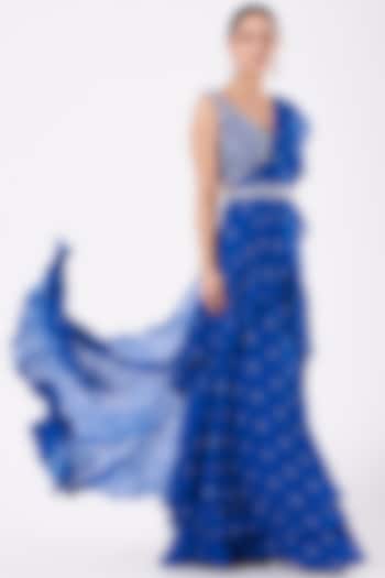Cobalt Blue Printed Pre-Stitched Saree Set by Sana Barreja