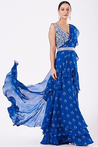 Cobalt Blue Printed Pre-Stitched Saree Set by Sana Barreja