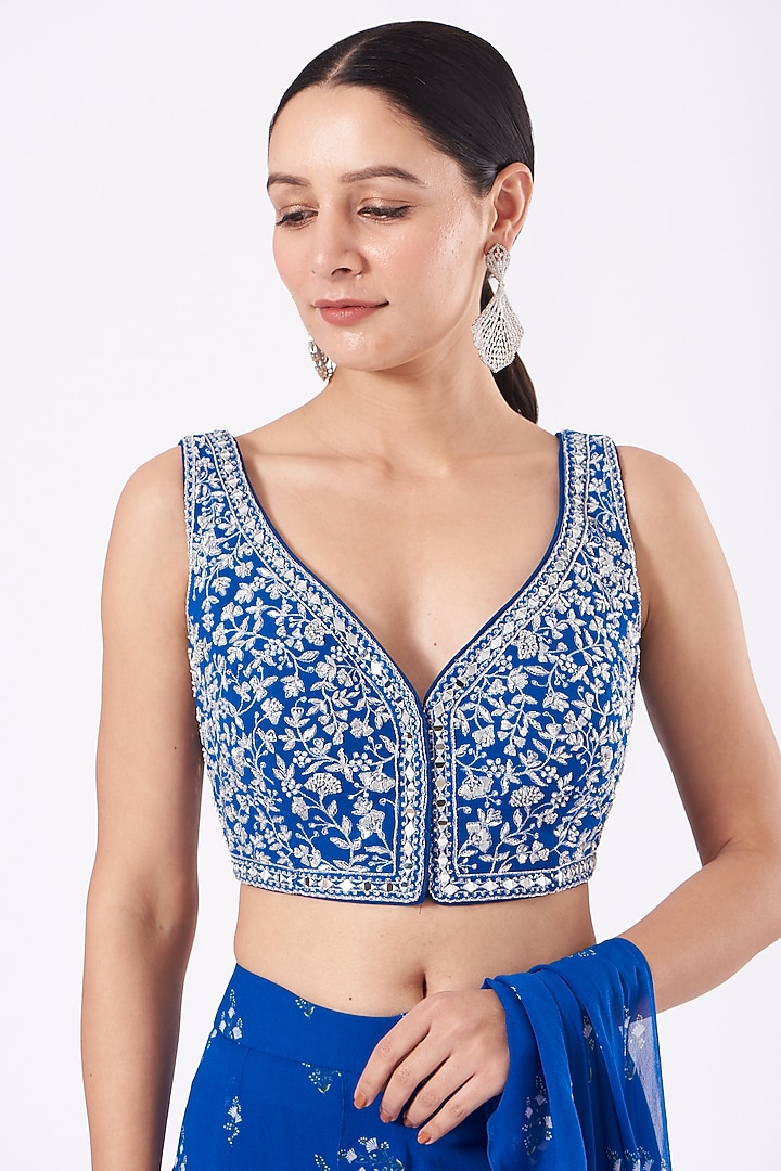 Cobalt Blue Printed Pre-Stitched Wedding Saree Set by Sana Barreja at Pernia's Pop Up Shop