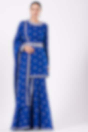 Cobalt Blue Georgette Zardosi Embroidered Gharara Set by Sana Barreja