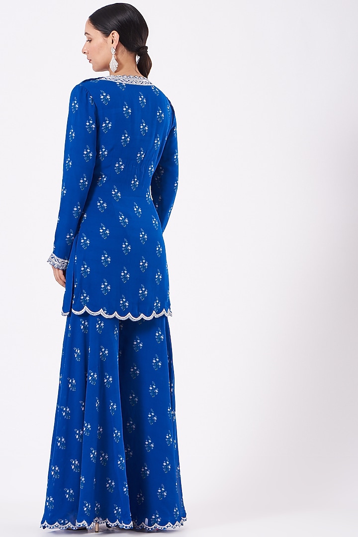 Cobalt Blue Georgette Zardosi Embroidered Gharara Set by Sana Barreja at Pernia's Pop Up Shop