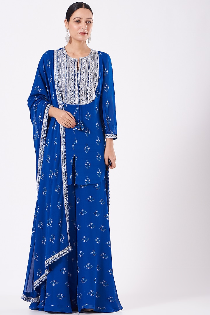 Cobalt Blue Georgette Printed & Zardosi Embroidered Gharara Set by Sana Barreja