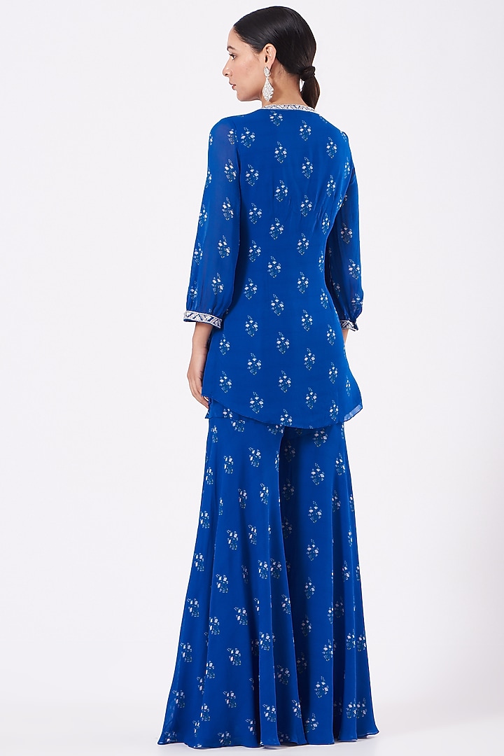 Cobalt Blue Georgette Printed & Zardosi Embroidered Gharara Set by Sana Barreja at Pernia's Pop Up Shop