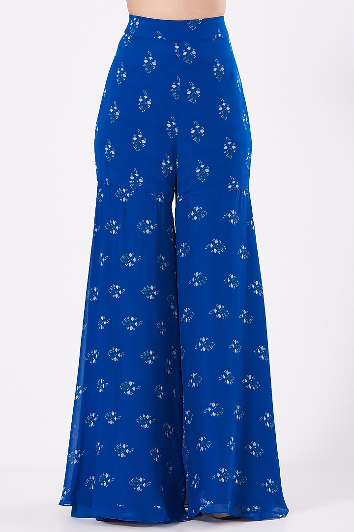 Cobalt Blue Georgette Printed & Zardosi Embroidered Gharara Set by Sana Barreja at Pernia's Pop Up Shop