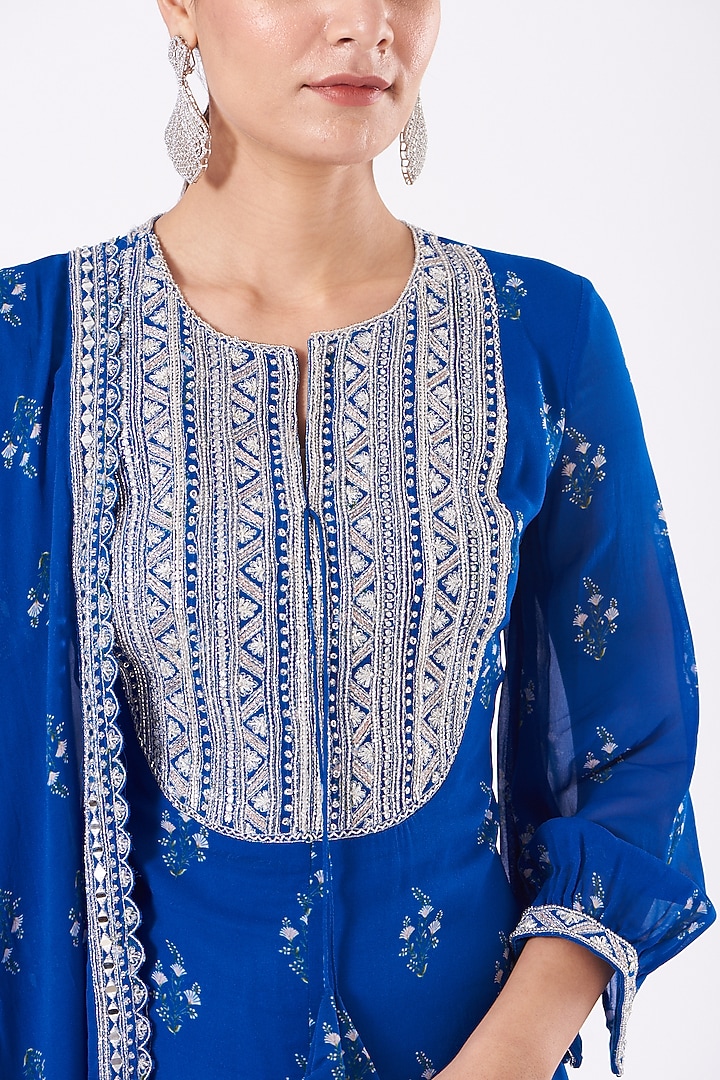 Cobalt Blue Georgette Printed & Zardosi Embroidered Gharara Set by Sana Barreja at Pernia's Pop Up Shop