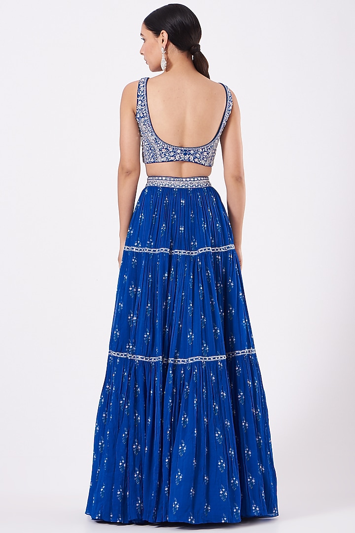 Cobalt Blue Printed Wedding Lehenga Set by Sana Barreja at Pernia's Pop Up Shop