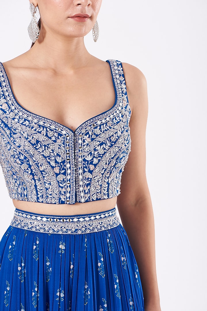 Cobalt Blue Printed Wedding Lehenga Set by Sana Barreja at Pernia's Pop Up Shop
