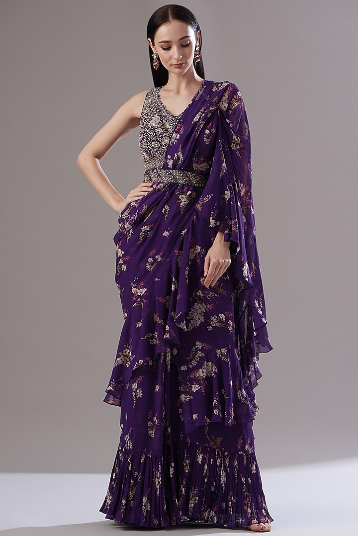 Purple Georgette Magnolia Printed Saree by Sana Barreja at Pernia's Pop Up Shop