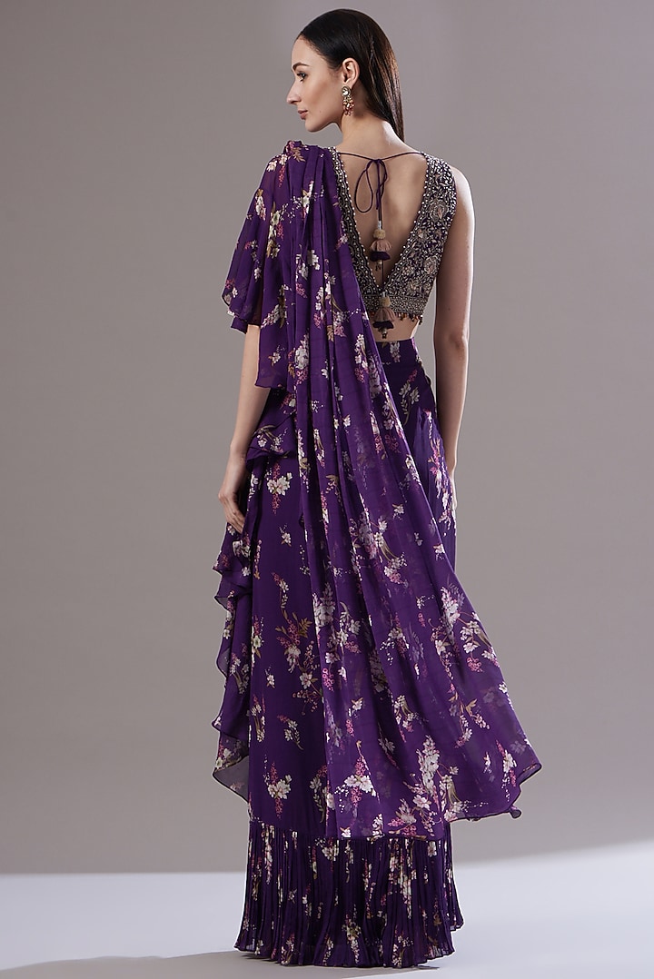 Purple Georgette Magnolia Printed Wedding Saree by Sana Barreja at Pernia's Pop Up Shop