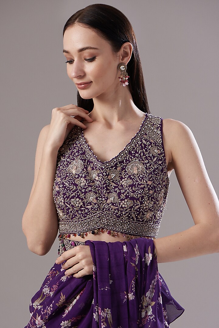 Purple Georgette Magnolia Printed Wedding Saree by Sana Barreja at Pernia's Pop Up Shop