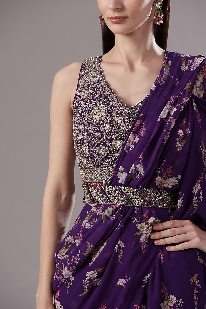 Purple Georgette Magnolia Printed Wedding Saree by Sana Barreja at Pernia's Pop Up Shop