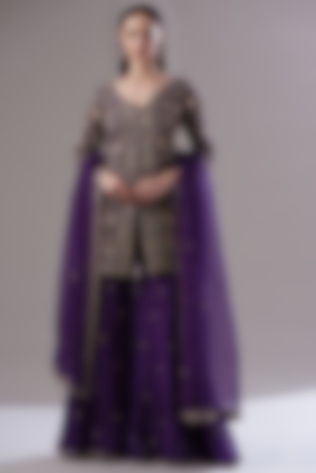 Purple Net Embroidered Gharara Set by Sana Barreja at Pernia's Pop Up Shop