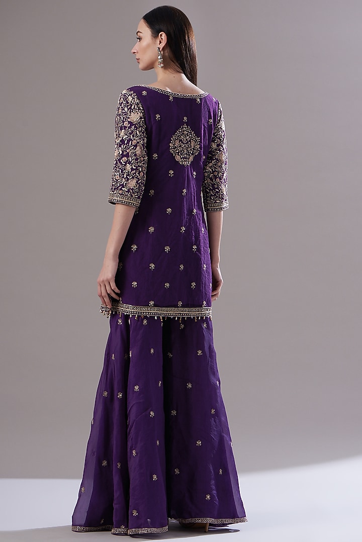 Purple Net Embroidered Gharara Set by Sana Barreja at Pernia's Pop Up Shop