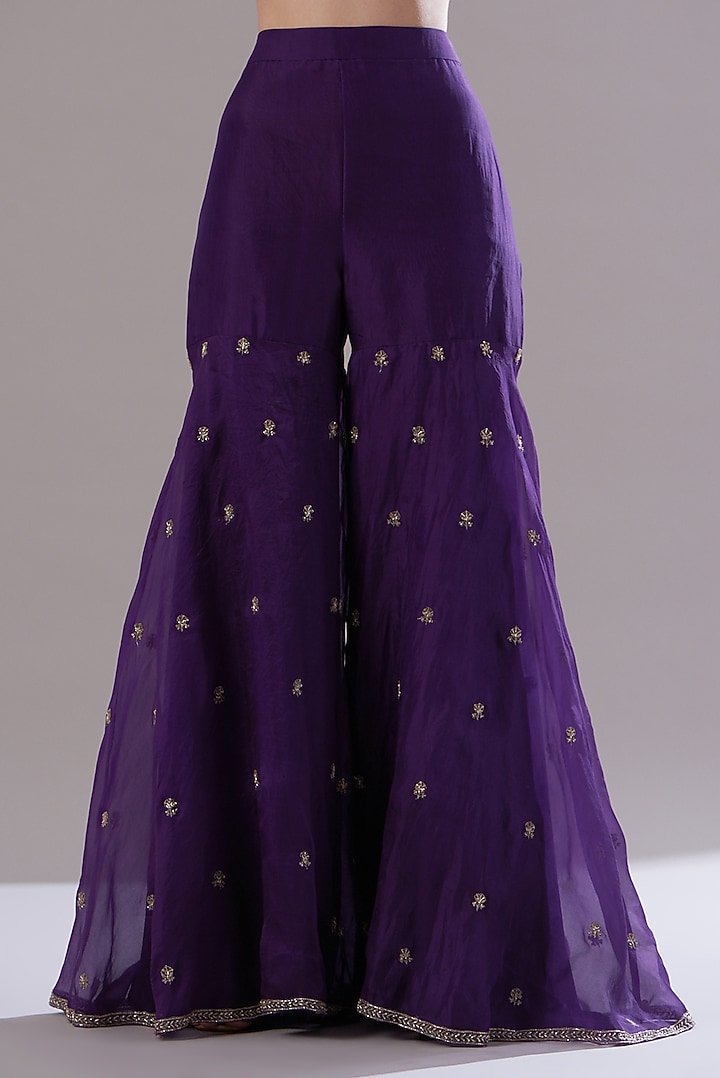 Purple Net Embroidered Gharara Set by Sana Barreja at Pernia's Pop Up Shop
