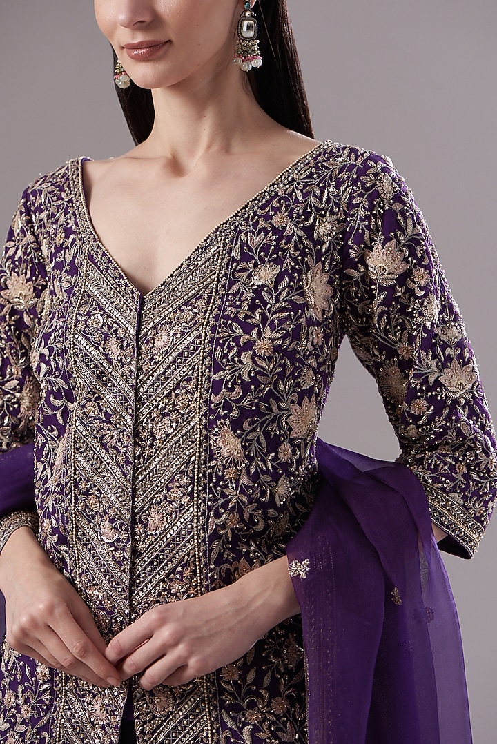 Purple Net Embroidered Gharara Set by Sana Barreja at Pernia's Pop Up Shop