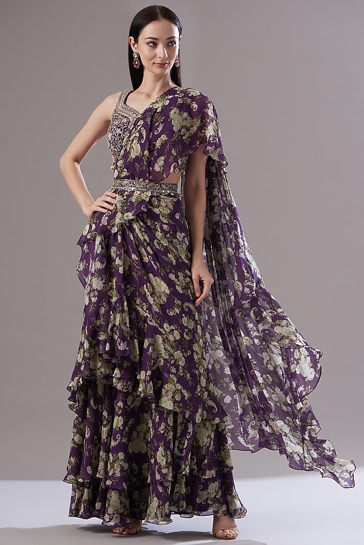 Purple Georgette Paisley Printed Wedding Saree by Sana Barreja at Pernia's Pop Up Shop