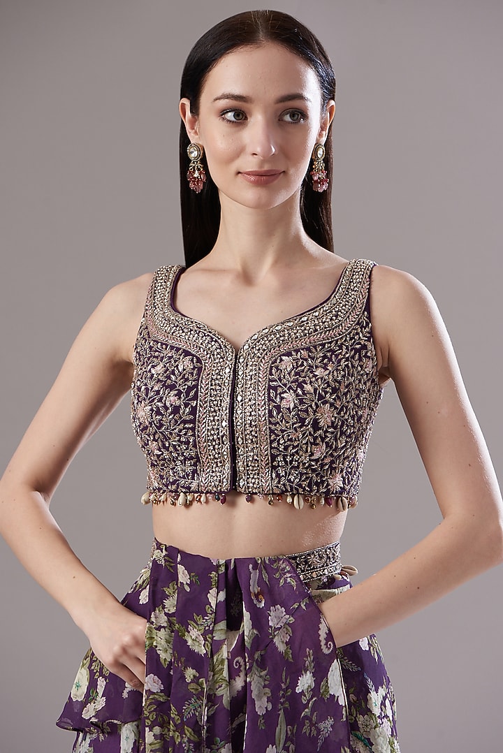 Purple Georgette Paisley Printed Wedding Saree by Sana Barreja at Pernia's Pop Up Shop