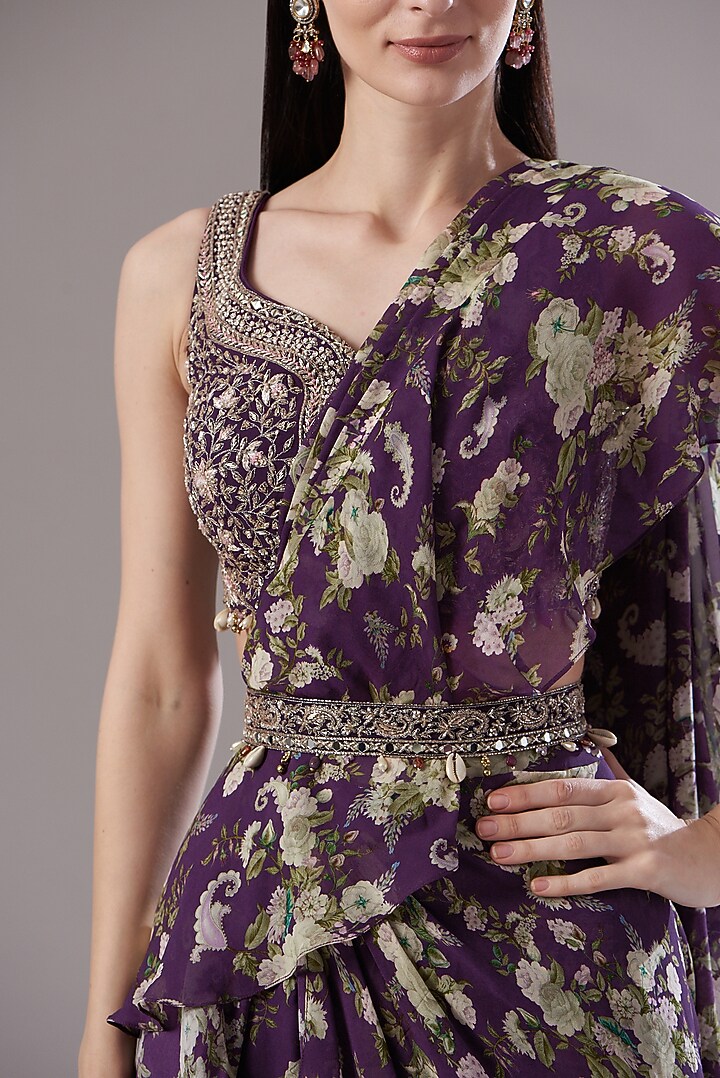Purple Georgette Paisley Printed Wedding Saree by Sana Barreja at Pernia's Pop Up Shop