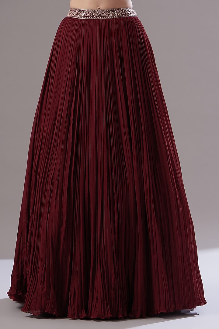Maroon Georgette Embroidered Jacket Wedding Lehenga Set by Sana Barreja at Pernia's Pop Up Shop