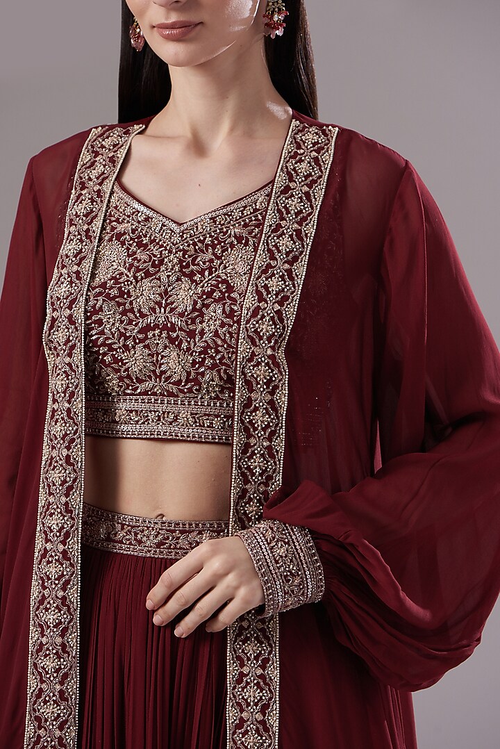 Maroon Georgette Embroidered Jacket Wedding Lehenga Set by Sana Barreja at Pernia's Pop Up Shop