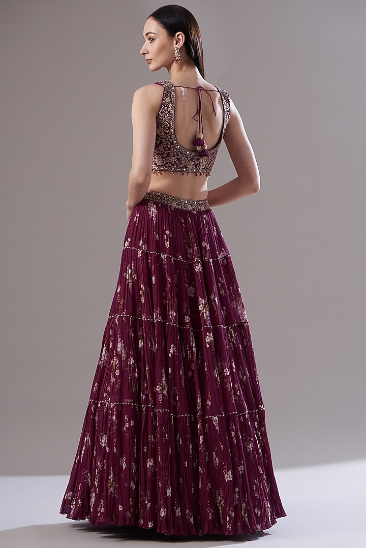 Maroon Georgette Printed Wedding Lehenga Set by Sana Barreja at Pernia's Pop Up Shop