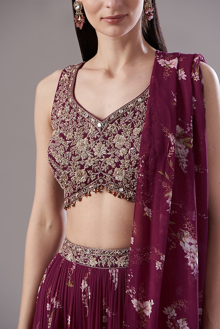 Maroon Georgette Printed Wedding Lehenga Set by Sana Barreja at Pernia's Pop Up Shop