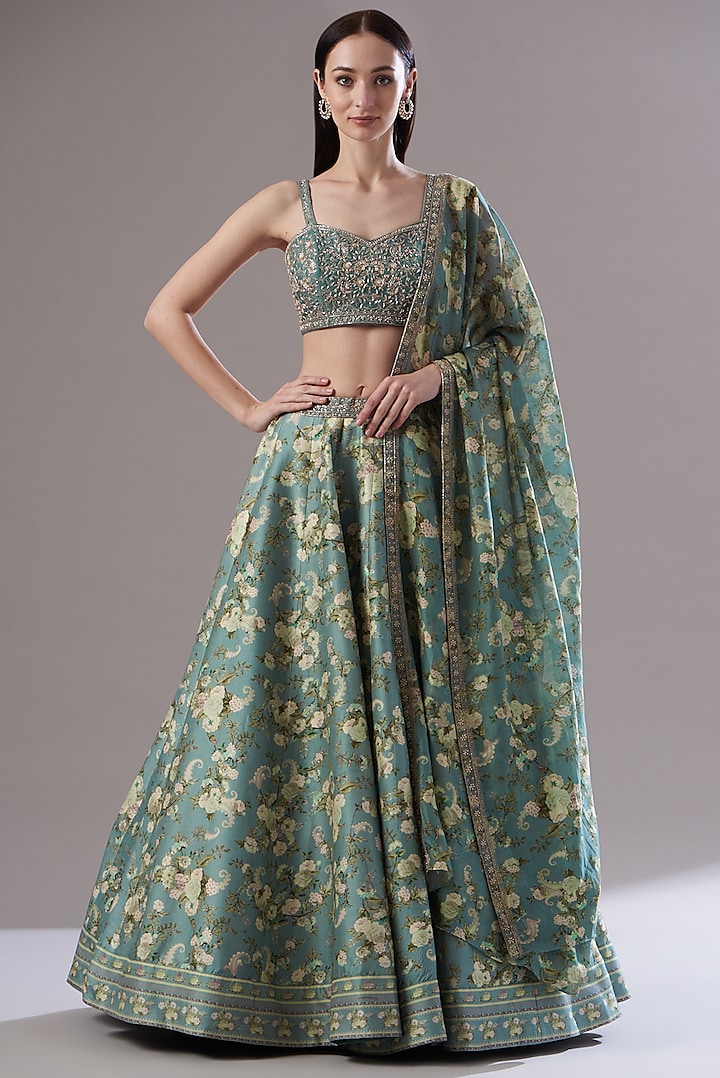 Ice Blue Chanderi Silk Printed Lehenga Set by Sana Barreja