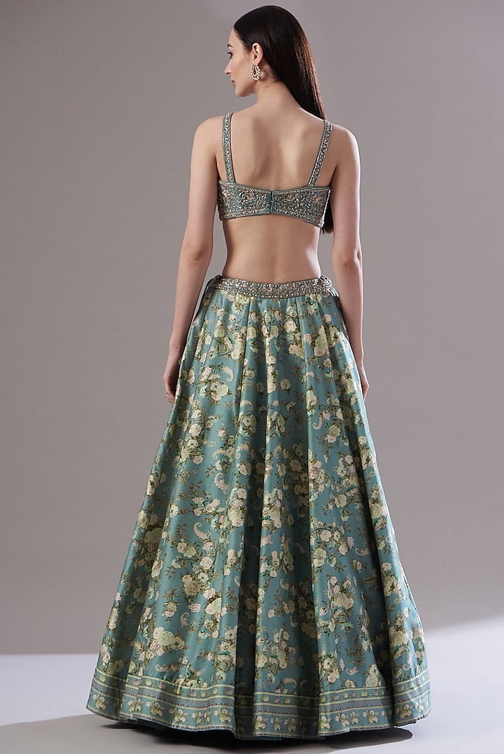 Ice Blue Chanderi Silk Printed Wedding Lehenga Set by Sana Barreja at Pernia's Pop Up Shop