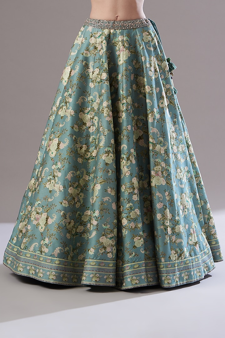Ice Blue Chanderi Silk Printed Wedding Lehenga Set by Sana Barreja at Pernia's Pop Up Shop