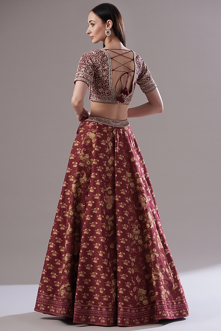 Maroon Chanderi Silk Printed Wedding Lehenga Set by Sana Barreja at Pernia's Pop Up Shop
