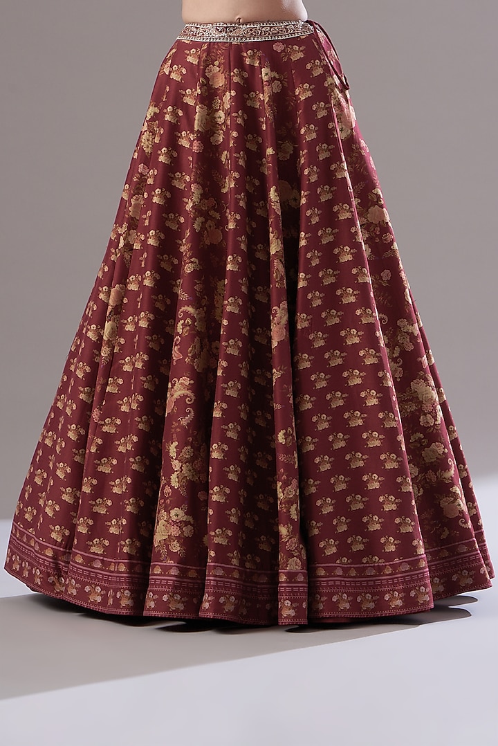Maroon Chanderi Silk Printed Wedding Lehenga Set by Sana Barreja at Pernia's Pop Up Shop