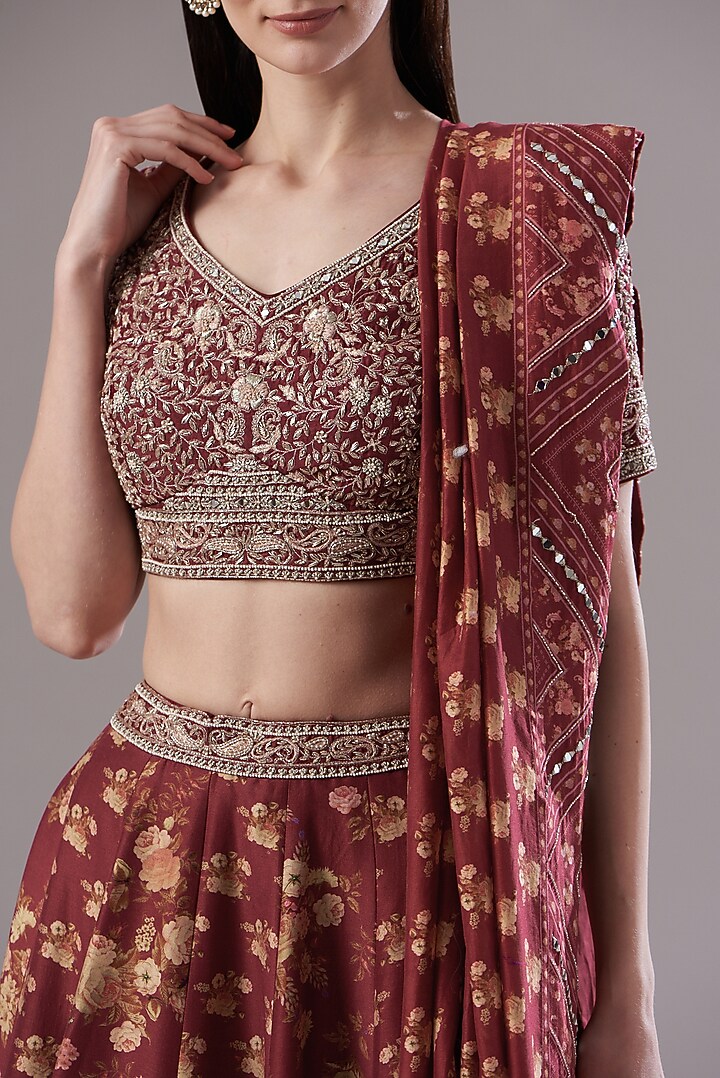 Maroon Chanderi Silk Printed Wedding Lehenga Set by Sana Barreja at Pernia's Pop Up Shop