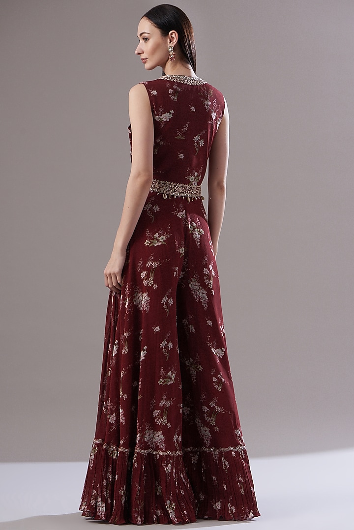 Maroon Georgette Printed Wedding Sharara Set by Sana Barreja at Pernia's Pop Up Shop