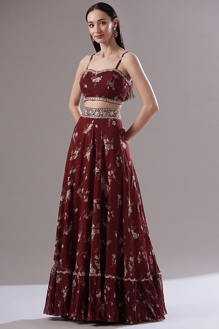 Maroon Georgette Printed Wedding Sharara Set by Sana Barreja at Pernia's Pop Up Shop