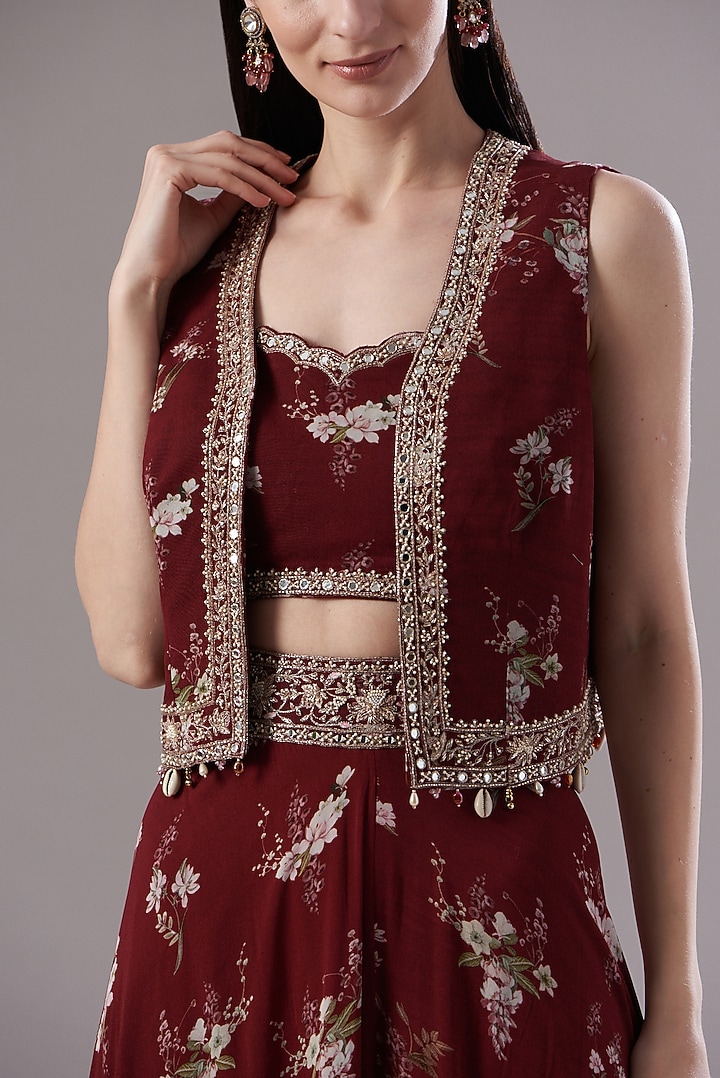 Maroon Georgette Printed Wedding Sharara Set by Sana Barreja at Pernia's Pop Up Shop