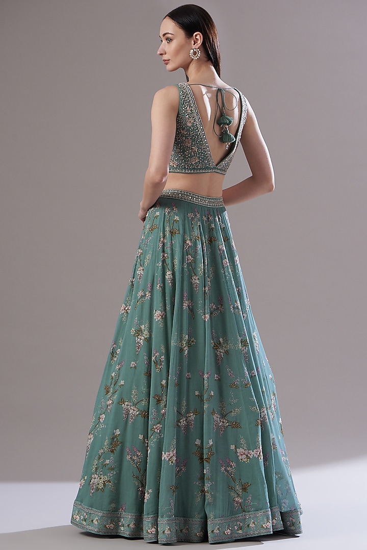 Ice Blue Georgette Printed Wedding Lehenga Set by Sana Barreja at Pernia's Pop Up Shop