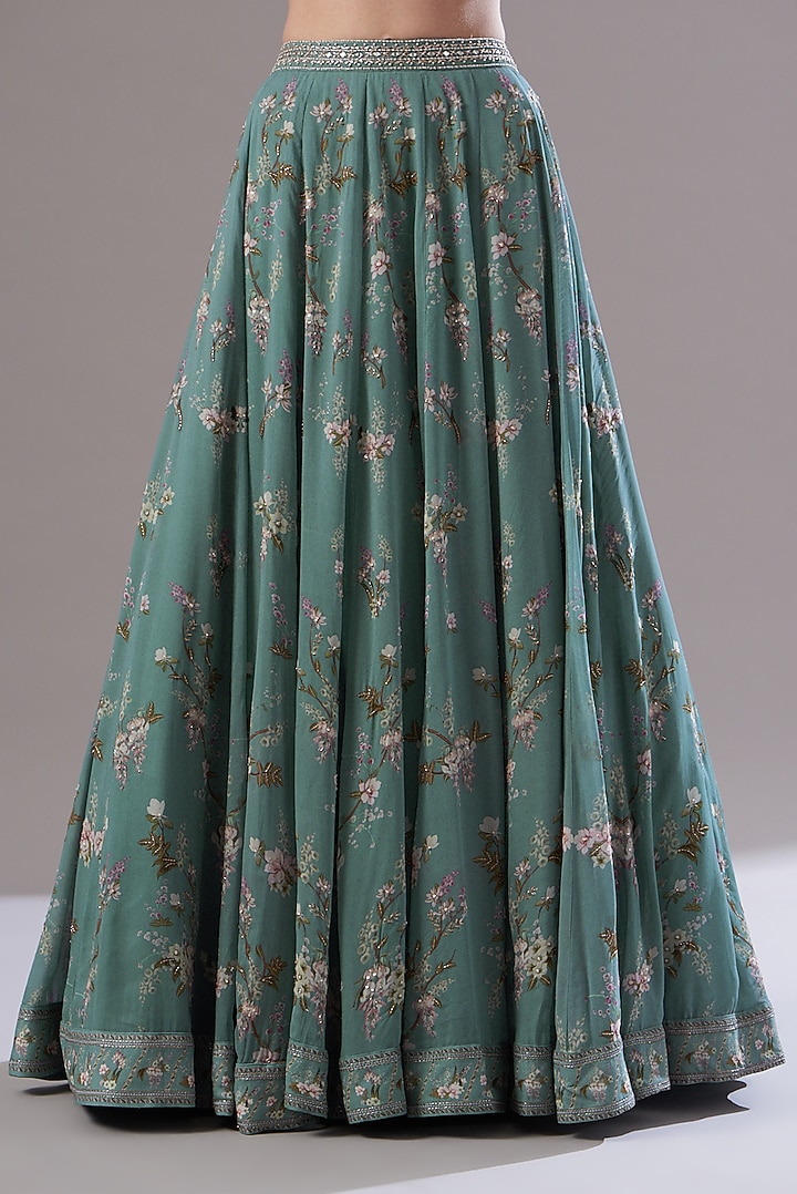 Ice Blue Georgette Printed Wedding Lehenga Set by Sana Barreja at Pernia's Pop Up Shop