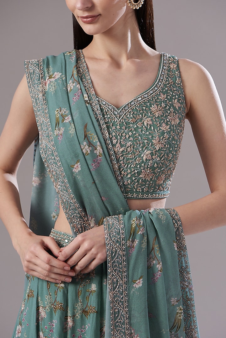 Ice Blue Georgette Printed Wedding Lehenga Set by Sana Barreja at Pernia's Pop Up Shop