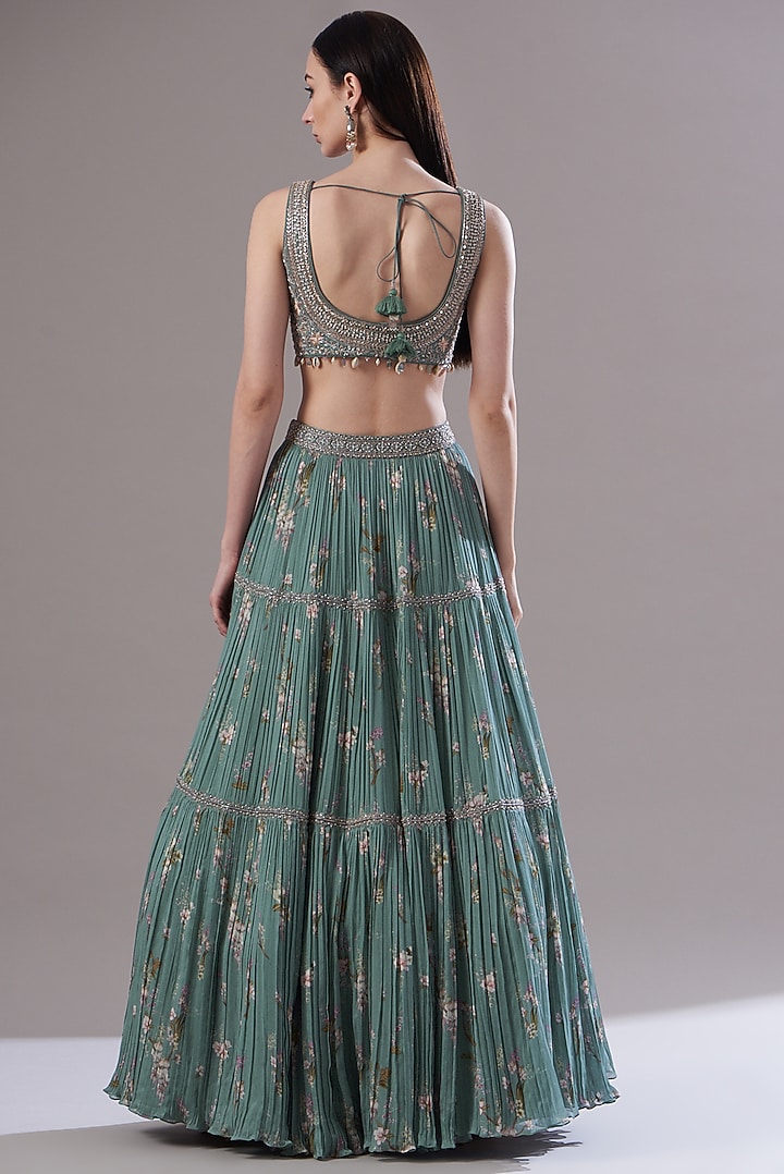 Ice Blue Georgette Printed Wedding Lehenga Set by Sana Barreja at Pernia's Pop Up Shop