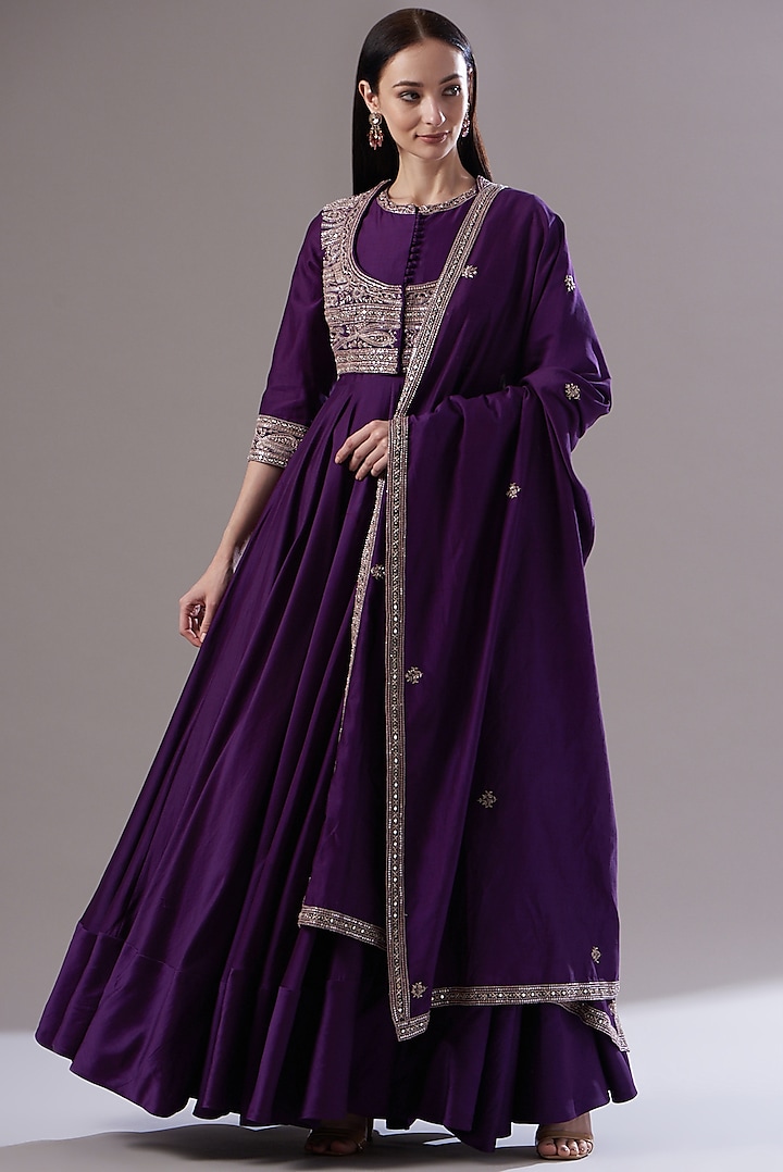 Purple Chanderi Silk Anarkali Set by Sana Barreja at Pernia's Pop Up Shop