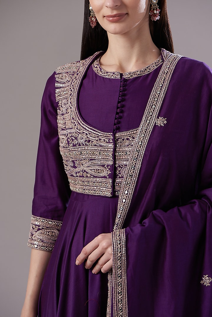 Purple Chanderi Silk Wedding Anarkali Set by Sana Barreja at Pernia's Pop Up Shop