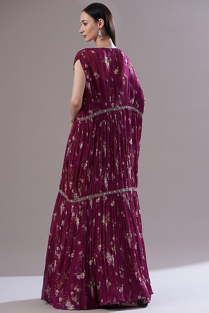 Maroon Georgette Printed Jacket Wedding Lehenga Set by Sana Barreja at Pernia's Pop Up Shop