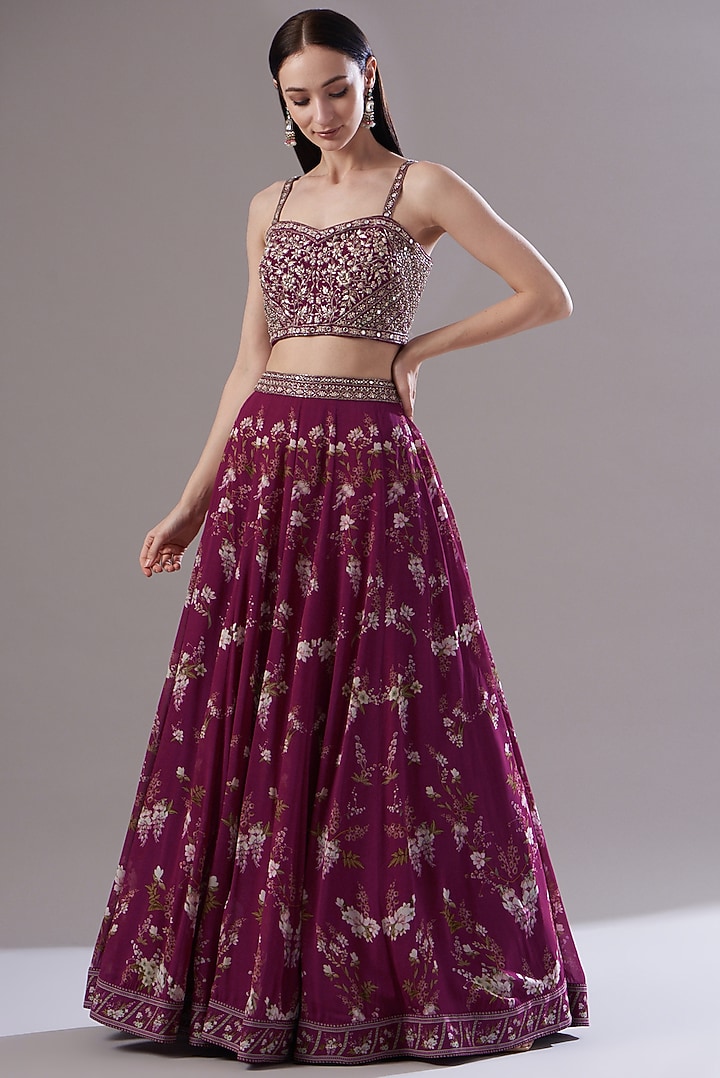 Maroon Georgette Printed Jacket Wedding Lehenga Set by Sana Barreja at Pernia's Pop Up Shop