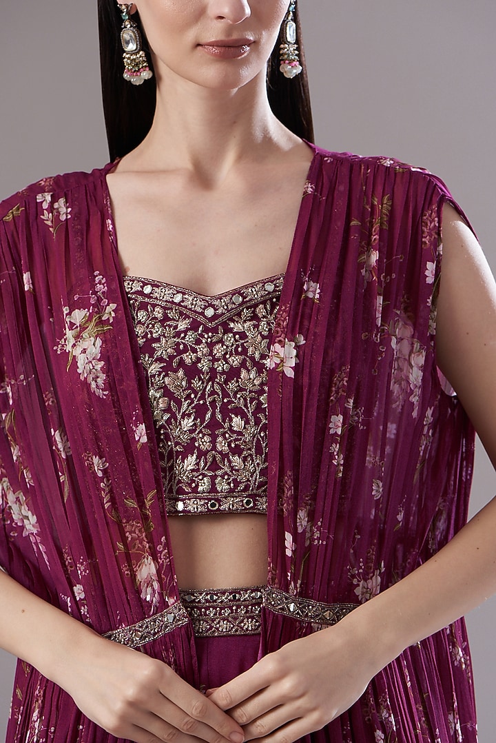 Maroon Georgette Printed Jacket Wedding Lehenga Set by Sana Barreja at Pernia's Pop Up Shop