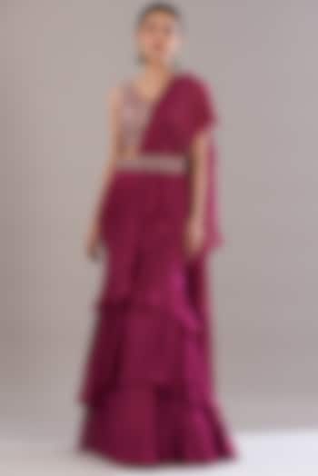 Maroon Silk Chiffon Pre-Stitched Saree Set by Sana Barreja