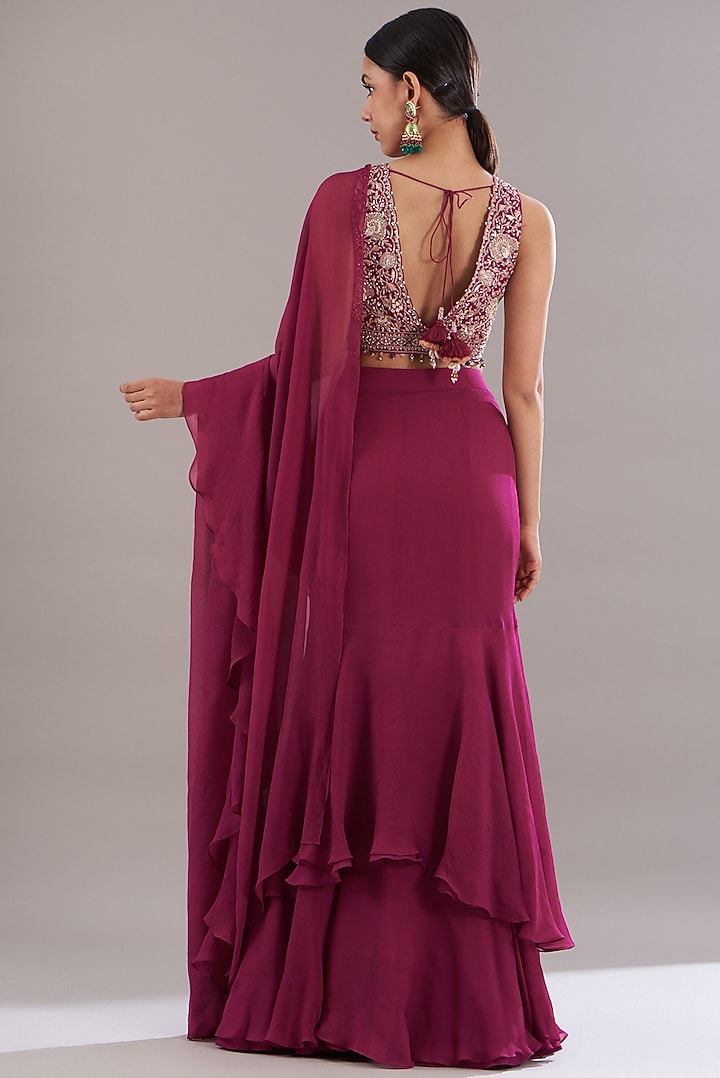 Maroon Silk Chiffon Pre-Stitched Wedding Saree Set by Sana Barreja at Pernia's Pop Up Shop